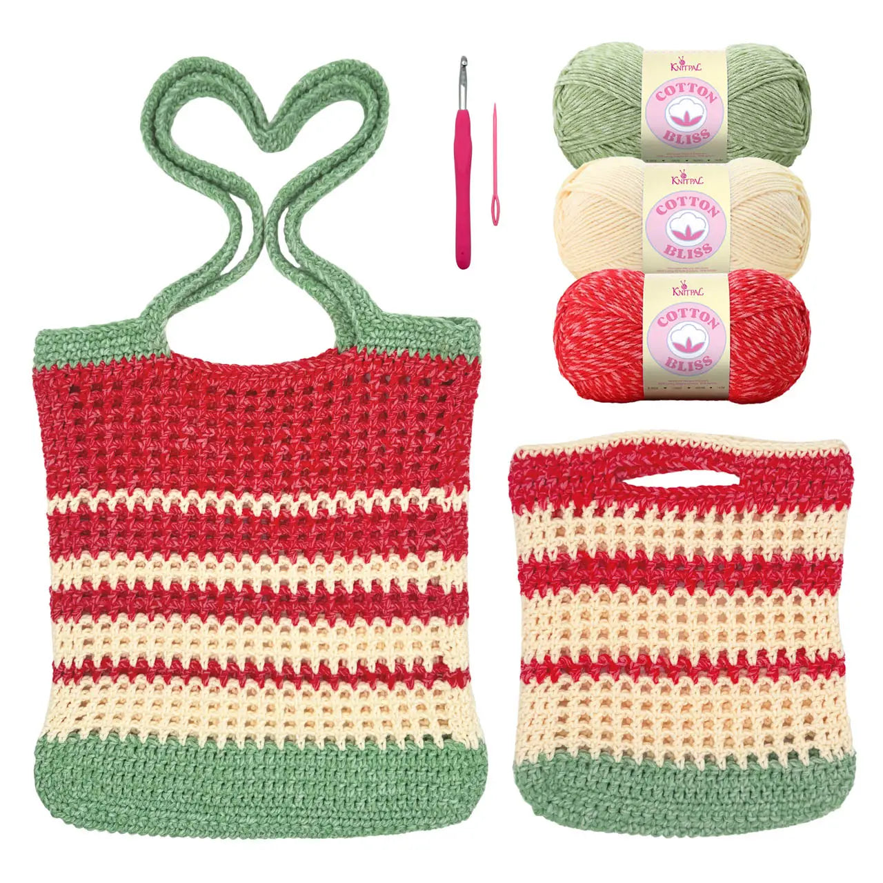 Crocheted bags with red, beige, and green stripes, along with yarn and a crochet hook on a white background.