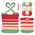 Crocheted bags with red, beige, and green stripes, along with yarn and a crochet hook on a white background.