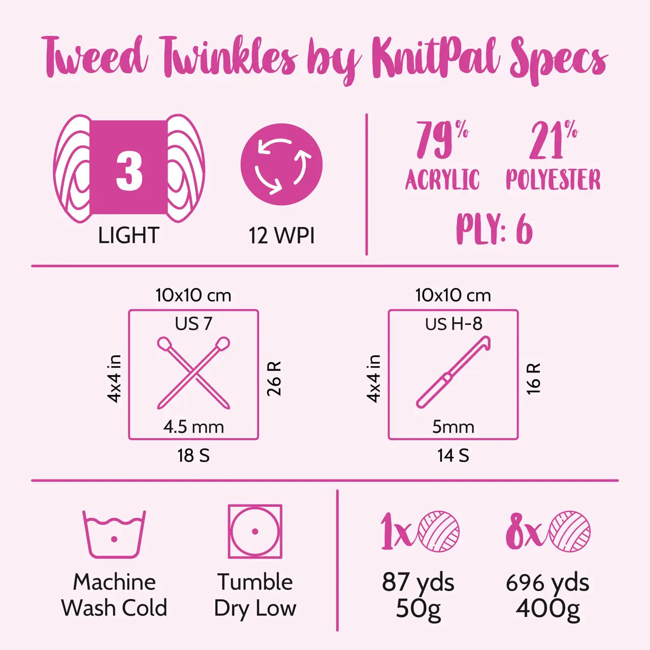 Tweed Twinkles Yarn profile. Showcases all the qualities found in this buttery soft yarn. Yarn weight 3, 12 WPI, 79% Acrylic / /21% Polyester, 6 Ply, Machine wash & tumble dry low.