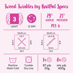 Tweed Twinkles Yarn profile. Showcases all the qualities found in this buttery soft yarn. Yarn weight 3, 12 WPI, 79% Acrylic / /21% Polyester, 6 Ply, Machine wash & tumble dry low.