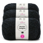 Three skeins of Knitpal Woolen Delights yarn in a dark charcoal gray color, stacked vertically with white paper labels showing product details.