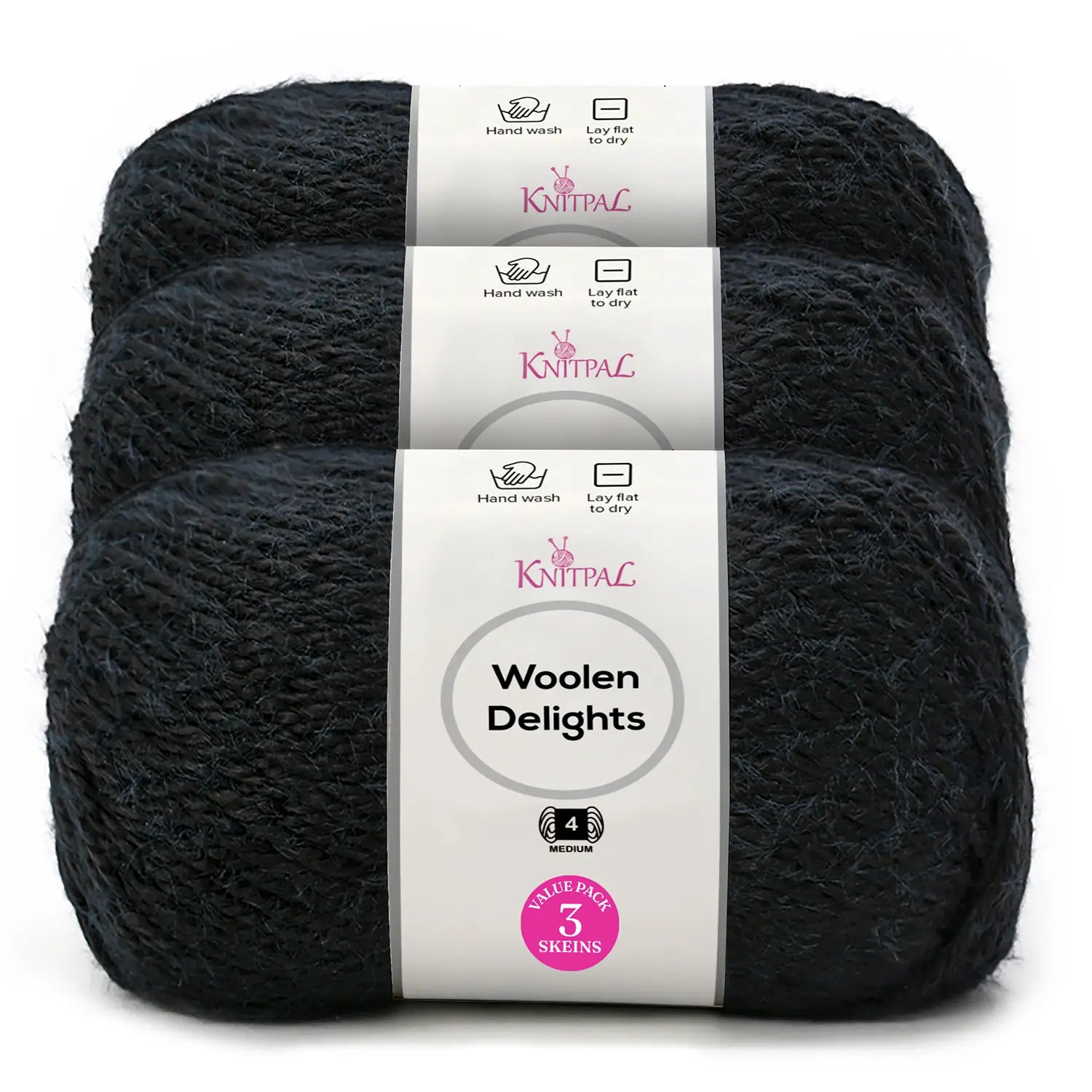 Three skeins of Knitpal Woolen Delights yarn in a dark charcoal gray color, stacked vertically with white paper labels showing product details.