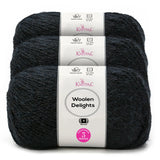 Three skeins of Knitpal Woolen Delights yarn in a dark charcoal gray color, stacked vertically with white paper labels showing product details.