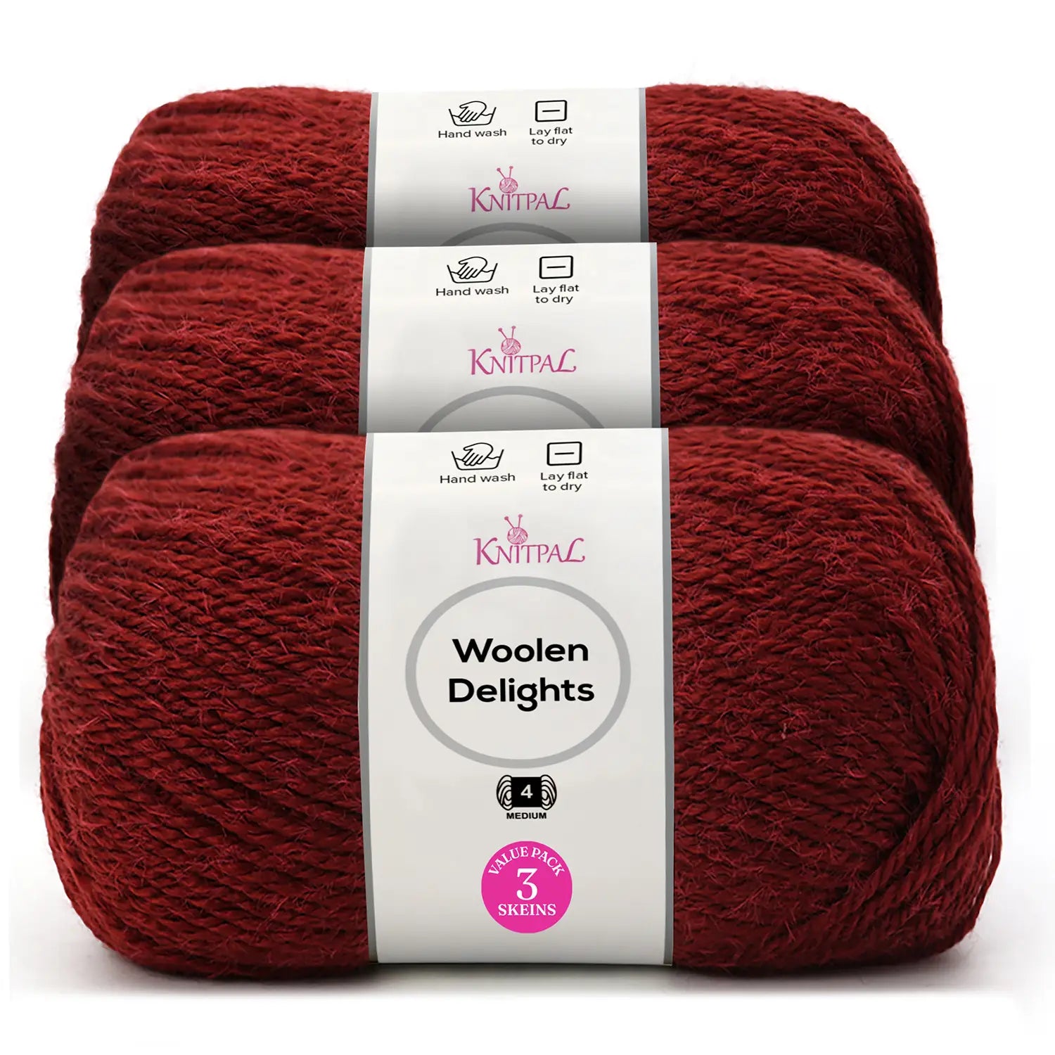 Three skeins of Knitpal Woolen Delights yarn in a deep burgundy red color, stacked vertically on a clean white background.