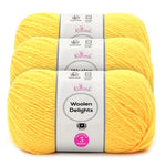 Three skeins of Knitpal Woolen Delights yarn in a bright yellow color, stacked vertically with white paper labels showing product details.