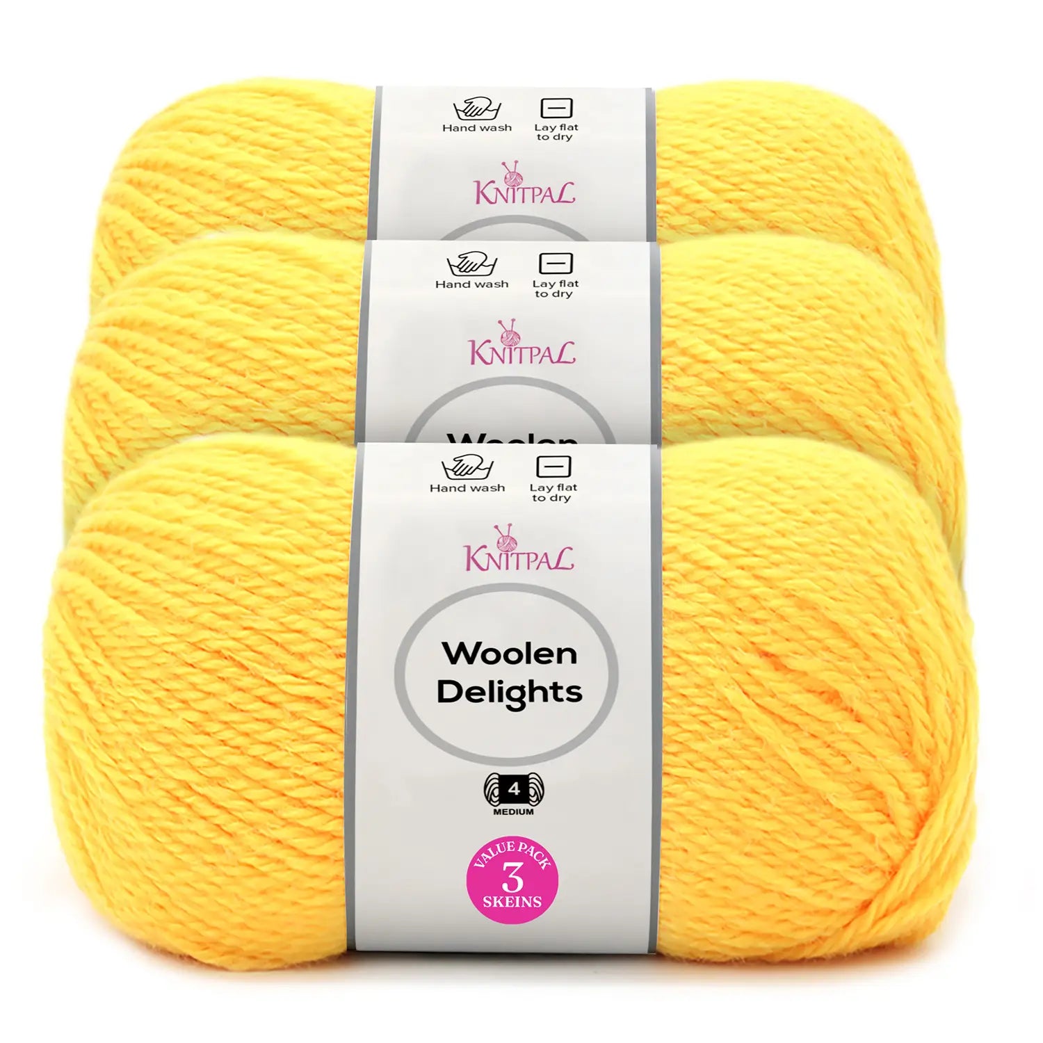 Three skeins of Knitpal Woolen Delights yarn in a bright yellow color, stacked vertically with white paper labels showing product details.