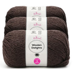 Three skeins of Knitpal Woolen Delights yarn in a dark brown color, stacked together with a white paper label in the center.
