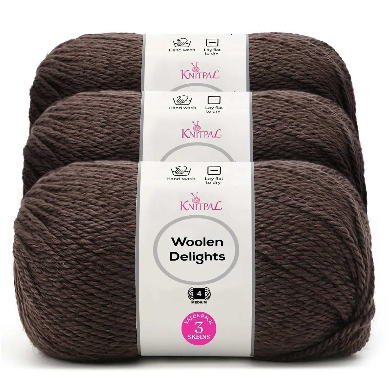 Three skeins of Knitpal Woolen Delights yarn in a dark brown color, stacked together with a white paper label in the center.