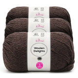Three skeins of Knitpal Woolen Delights yarn in a dark brown color, stacked together with a white paper label in the center.