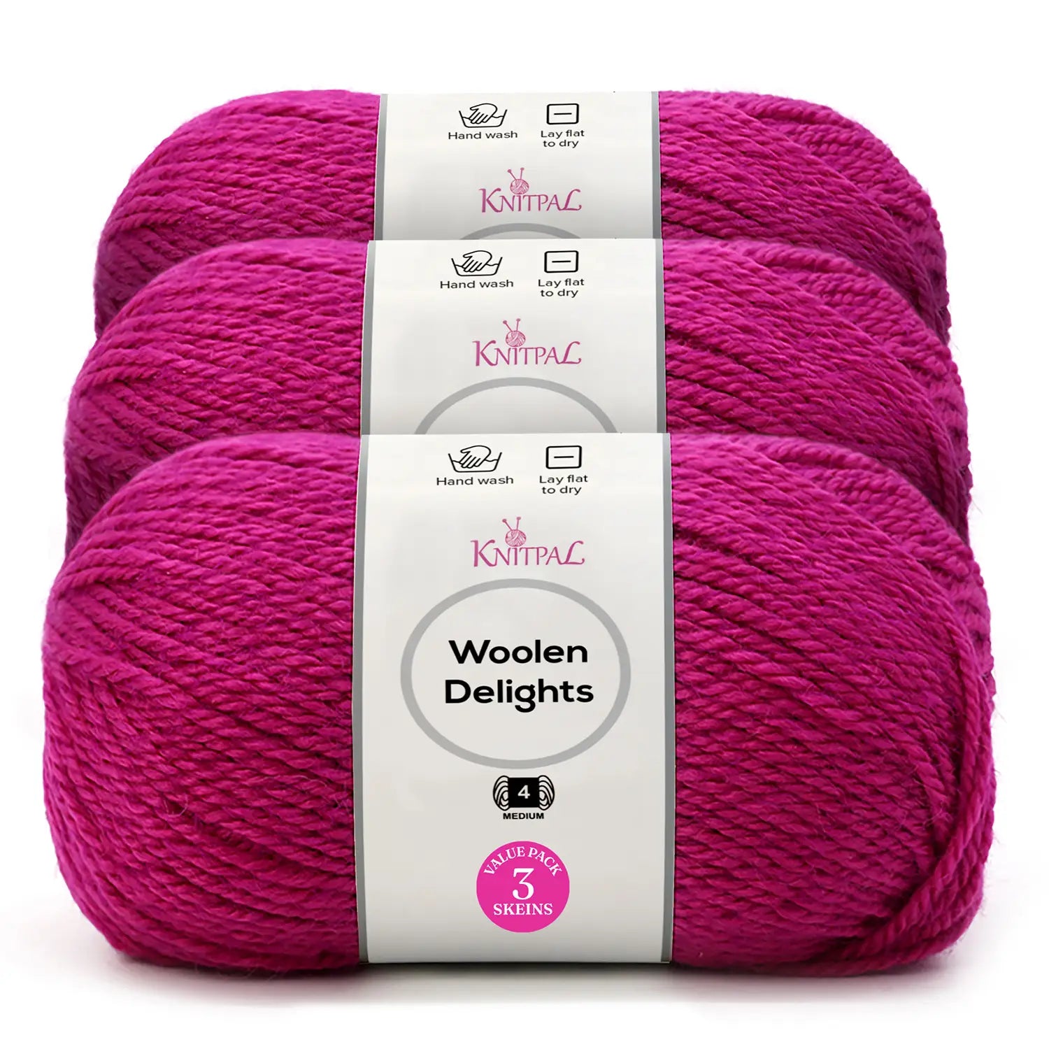 Three skeins of Knitpal Woolen Delights yarn in a vibrant magenta pink color, stacked together with white paper labels showing product details.