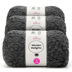 Three skeins of Knitpal Woolen Delights yarn in a heathered dark gray color, stacked together with white paper labels showing product details.