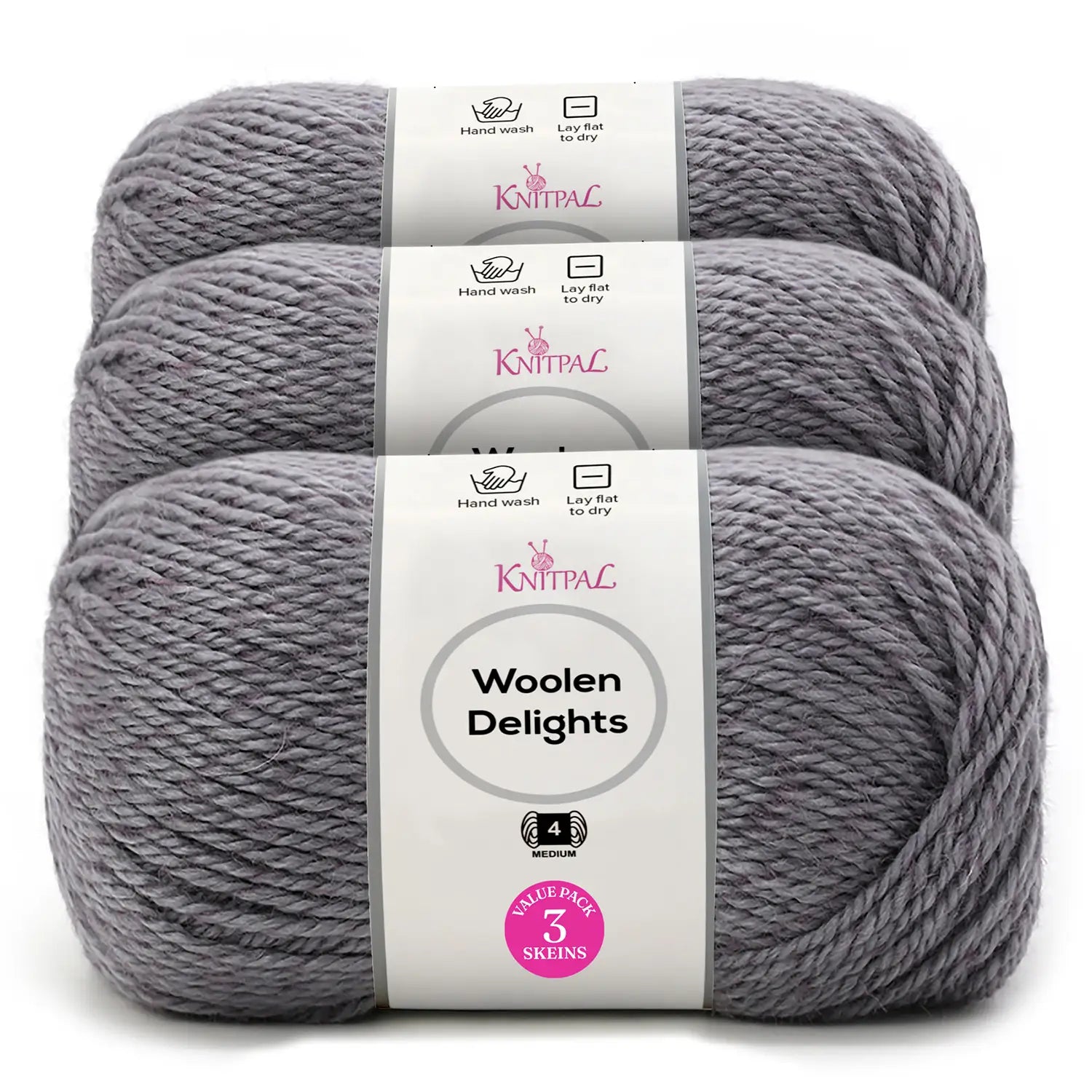 Three skeins of Knitpal Woolen Delights yarn in a heathered medium gray color, stacked vertically with white paper labels showing product details.