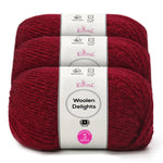 Three skeins of Knitpal Woolen Delights yarn in a rich burgundy red color, bundled together with a white paper label showing product details.