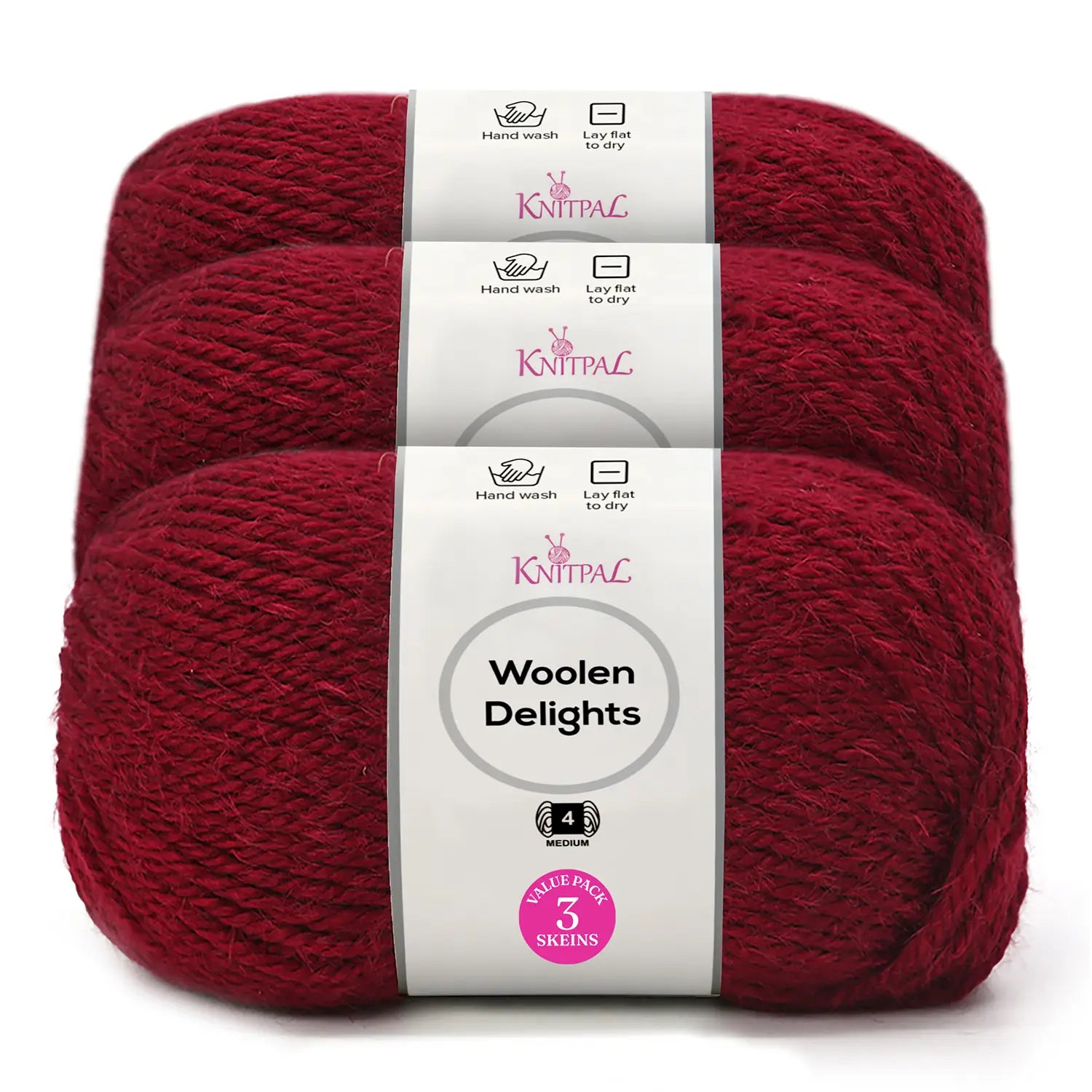 Three skeins of Knitpal Woolen Delights yarn in a rich burgundy red color, bundled together with a white paper label showing product details.