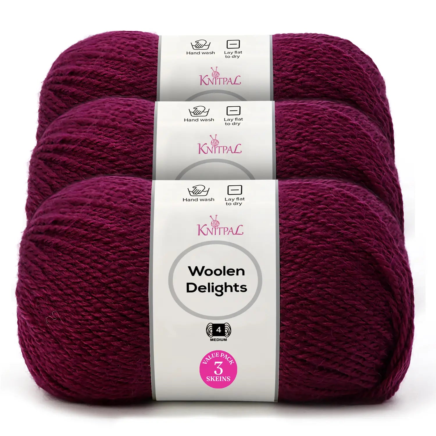Three skeins of Knitpal Woolen Delights yarn in a deep magenta-purple color, stacked together with white paper labels showing product details.