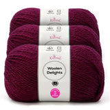 Three skeins of Knitpal Woolen Delights yarn in a deep magenta-purple color, stacked together with white paper labels showing product details.