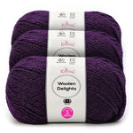 Three skeins of Knitpal Woolen Delights yarn in a deep purple shade, stacked vertically with white paper labels showing product details.