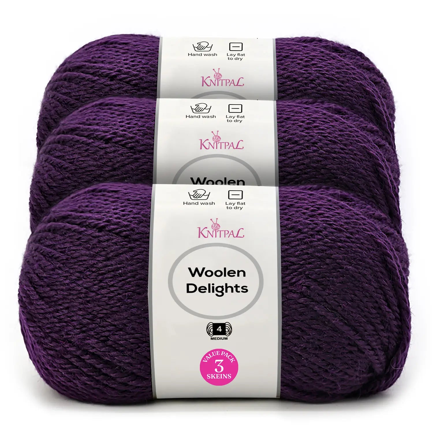 Three skeins of Knitpal Woolen Delights yarn in a deep purple shade, stacked vertically with white paper labels showing product details.