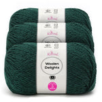 Three skeins of Knitpal Woolen Delights yarn in a deep forest green color, stacked together with white paper labels showing product details.
