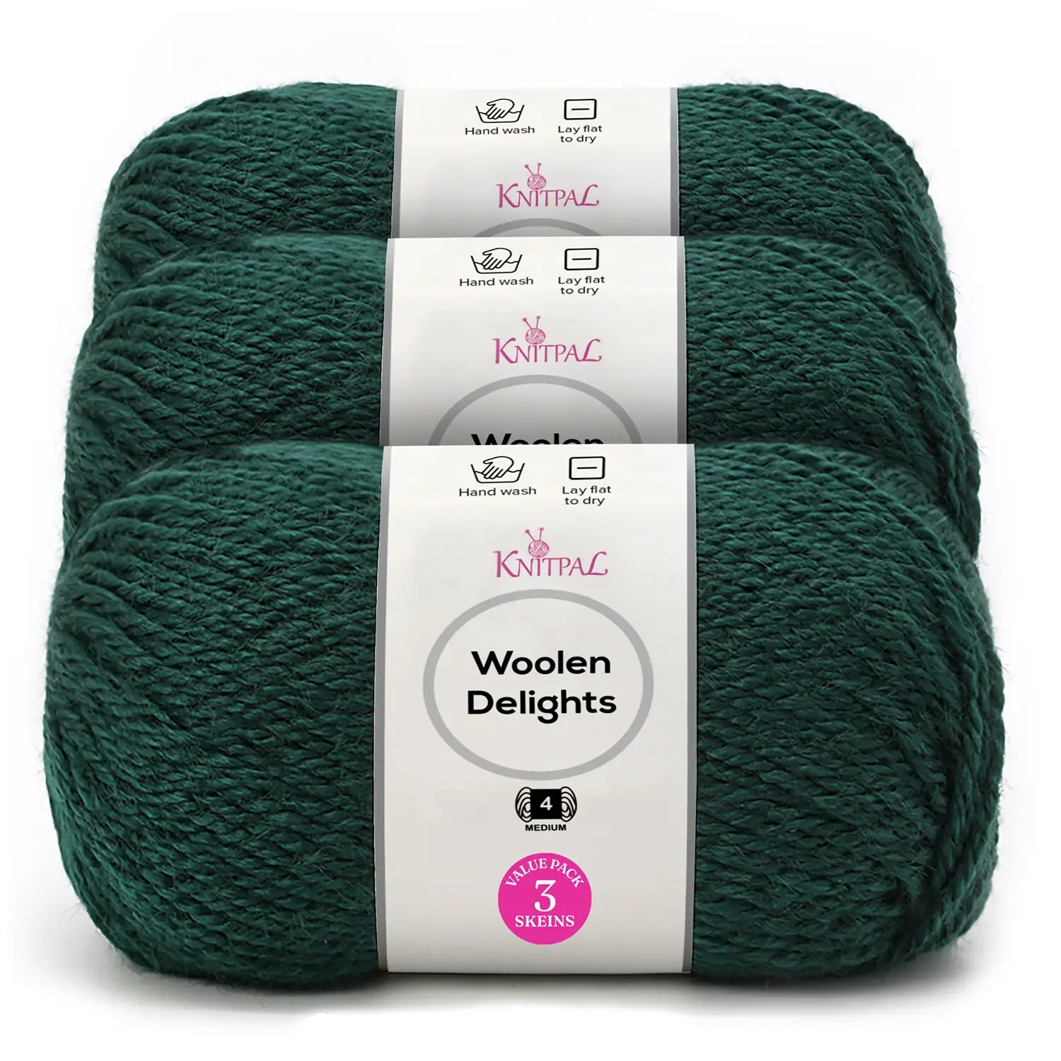 Three skeins of Knitpal Woolen Delights yarn in a deep forest green color, stacked together with white paper labels showing product details.