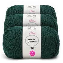 Three skeins of Knitpal Woolen Delights yarn in a deep forest green color, stacked together with white paper labels showing product details.