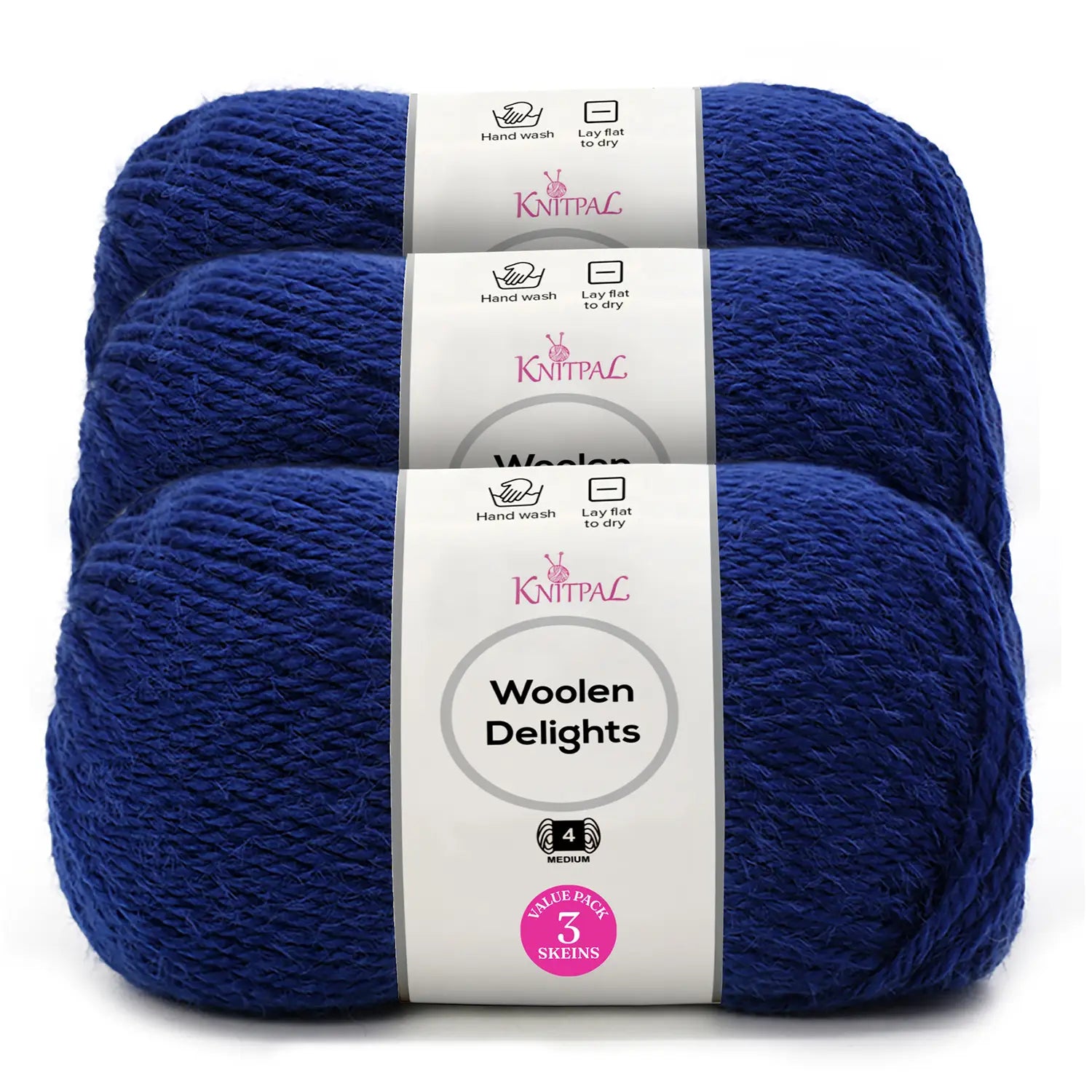 Three skeins of Knitpal Woolen Delights yarn in a rich royal blue color, stacked together with white paper labels showing product details.