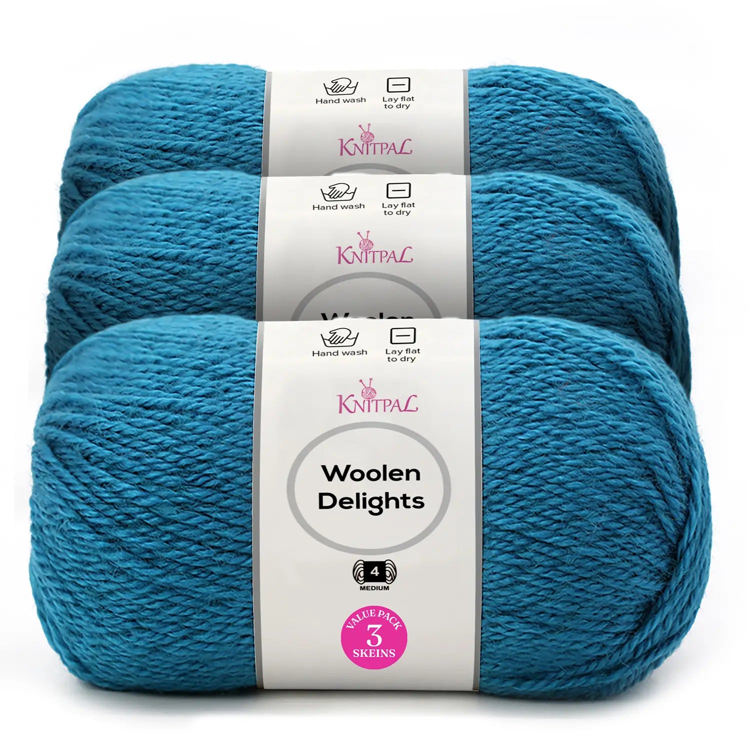 Three skeins of Knitpal Woolen Delights yarn in a vibrant teal blue color, stacked together with white paper labels showing product details.