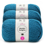 Three skeins of Knitpal Woolen Delights yarn in a vibrant teal blue color, stacked together with white paper labels showing product details.