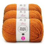 Three skeins of Knitpal Woolen Delights yarn in a warm orange color, stacked vertically with white paper labels showing product details.