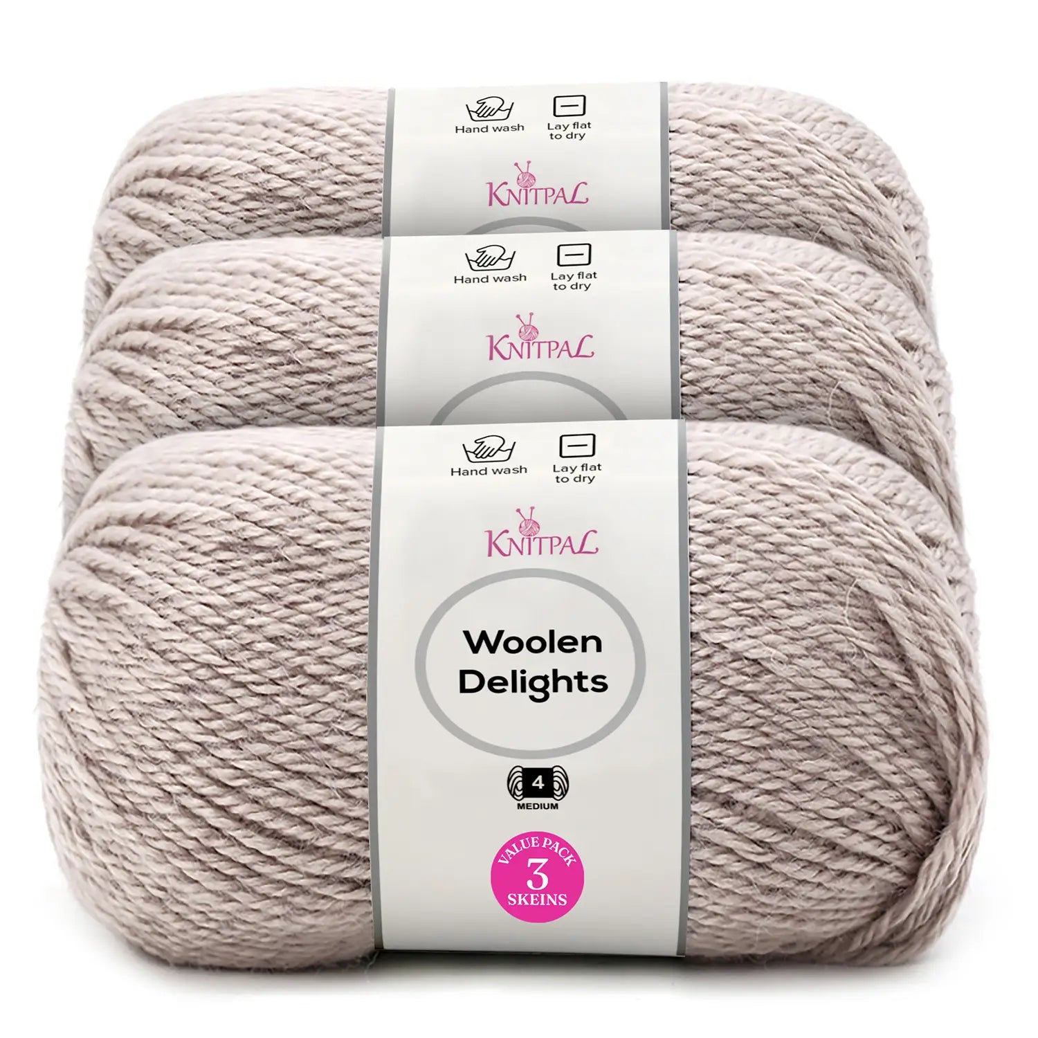 Three skeins of Knitpal Woolen Delights yarn stacked vertically, showing the light heathered taupe color and white paper labels with pink and gray branding.
