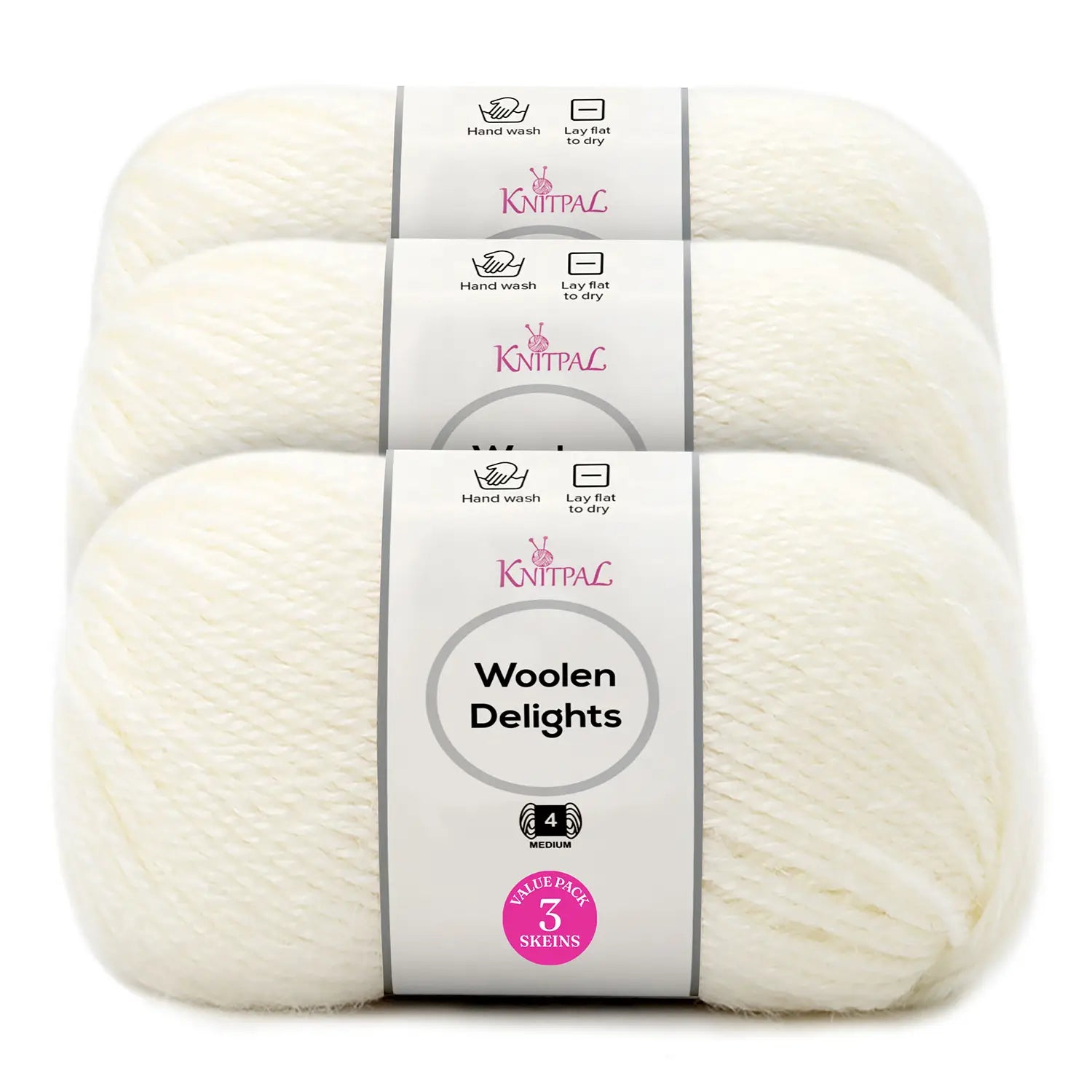 Three skeins of Knitpal Woolen Delights yarn in a warm off-white/cream color, stacked together with their paper bands visible. The bands show the Knitpal brand name and product details.