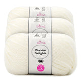Three skeins of Knitpal Woolen Delights yarn in a warm off-white/cream color, stacked together with their paper bands visible. The bands show the Knitpal brand name and product details.