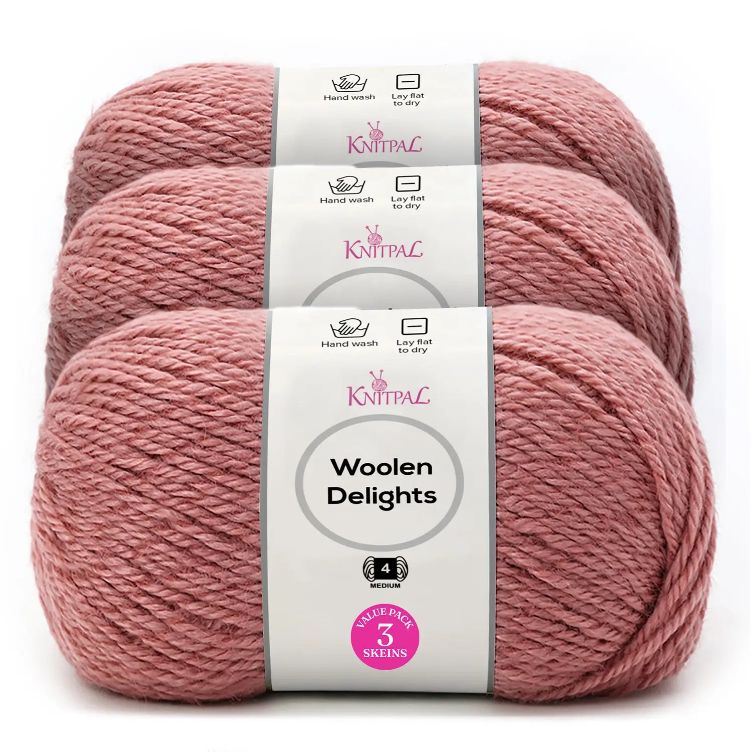 Three skeins of Knitpal Woolen Delights yarn in a dusty rose pink color, stacked together with the product labels facing forward on a white background.
