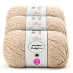 Three skeins of Knitpal Woolen Delights yarn stacked vertically, featuring a white paper label with pink and black text on a clean white background.