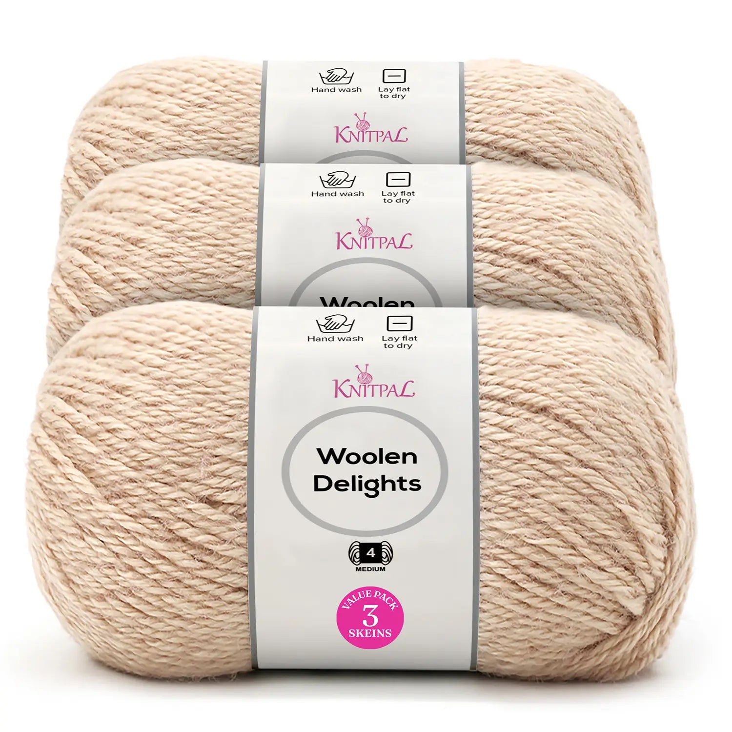 Three skeins of Knitpal Woolen Delights yarn stacked vertically, featuring a white paper label with pink and black text on a clean white background.