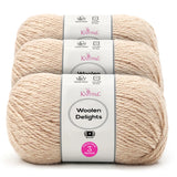 Three skeins of Knitpal Woolen Delights yarn stacked vertically, featuring a white paper label with pink and black text on a clean white background.